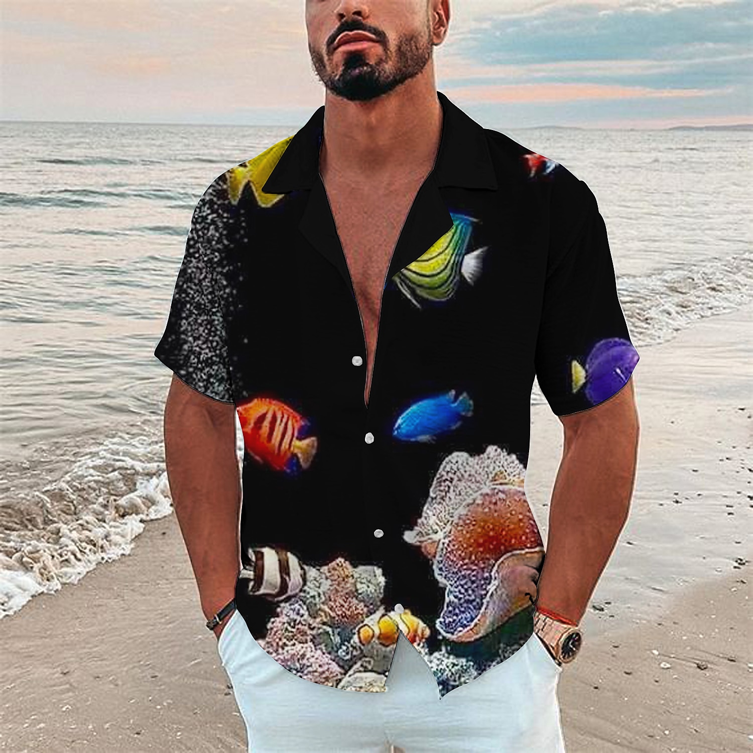 Men's Scenery Turndown 3D Print Outdoor Button-Down Short Sleeve Hawai