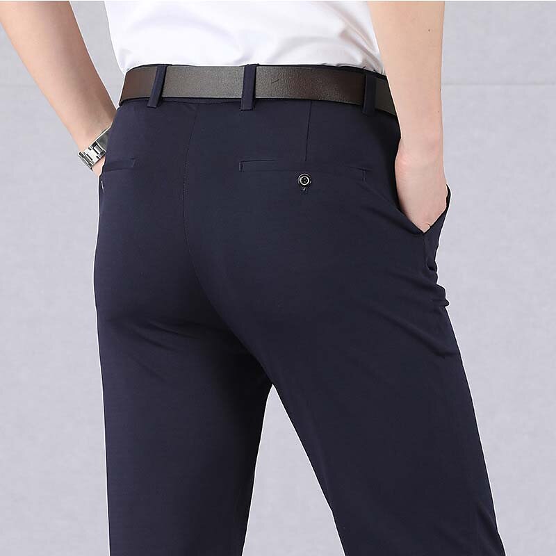 Men's Dress Pants Trousers Casual Pants Pocket Elastic Waist Straight Leg Plain Stretch Wedding Office Business Stylish Formal Black Wine High Waist Micro-elastic