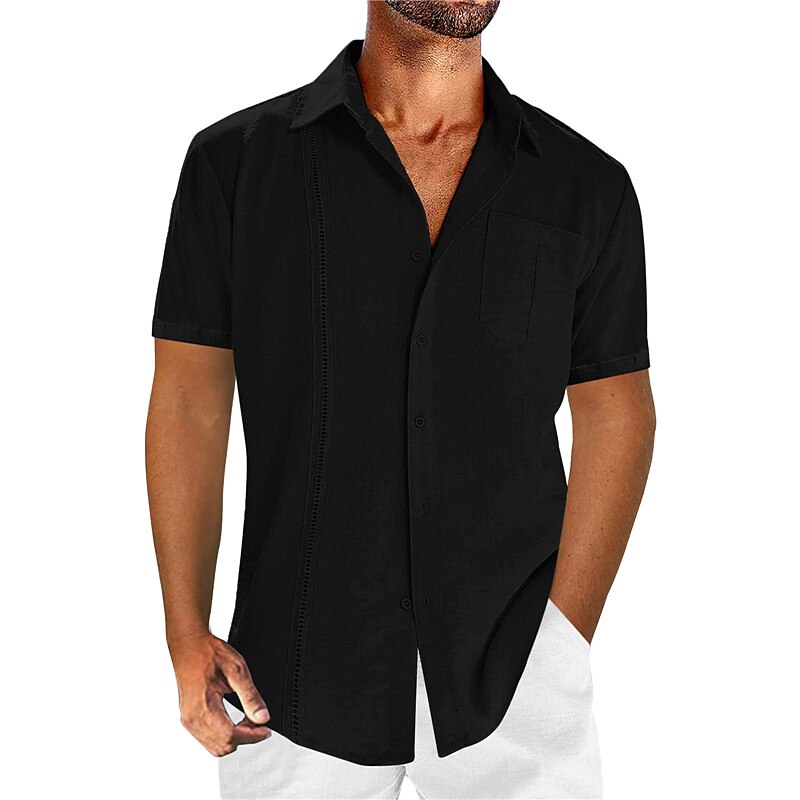 Men's Shirt Linen Shirt Button Up Shirt Summer Shirt Beach Shirt Guayabera Shirt Black White Navy Blue Short Sleeve Plain Lapel Summer Casual Daily Clothing Apparel Front Pocket