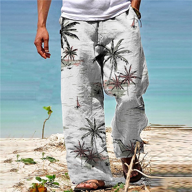 Men's Drawstring Elastic Waist  Coconut Tree Casual Hawaiian Trousers