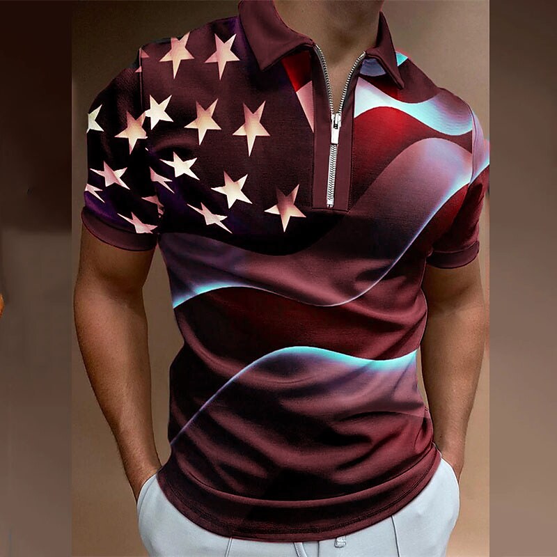 Men's Star Turndown  Zipper Short Sleeve Polo Shirt