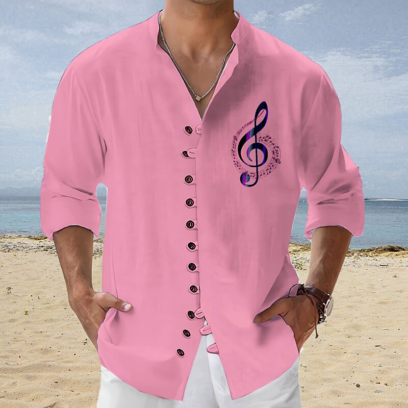 Men's Shirt Linen Shirt Graphic Prints Music Notes Stand Collar Blue-Green Pink Blue Green Gray Outdoor Street Long Sleeve Print Clothing Apparel Linen Fashion Streetwear Designer Casual
