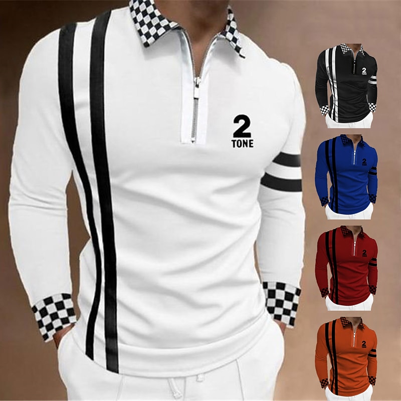 Men's Polo Shirt Golf Shirt Plaid Letter Graphic Prints Turndown Black