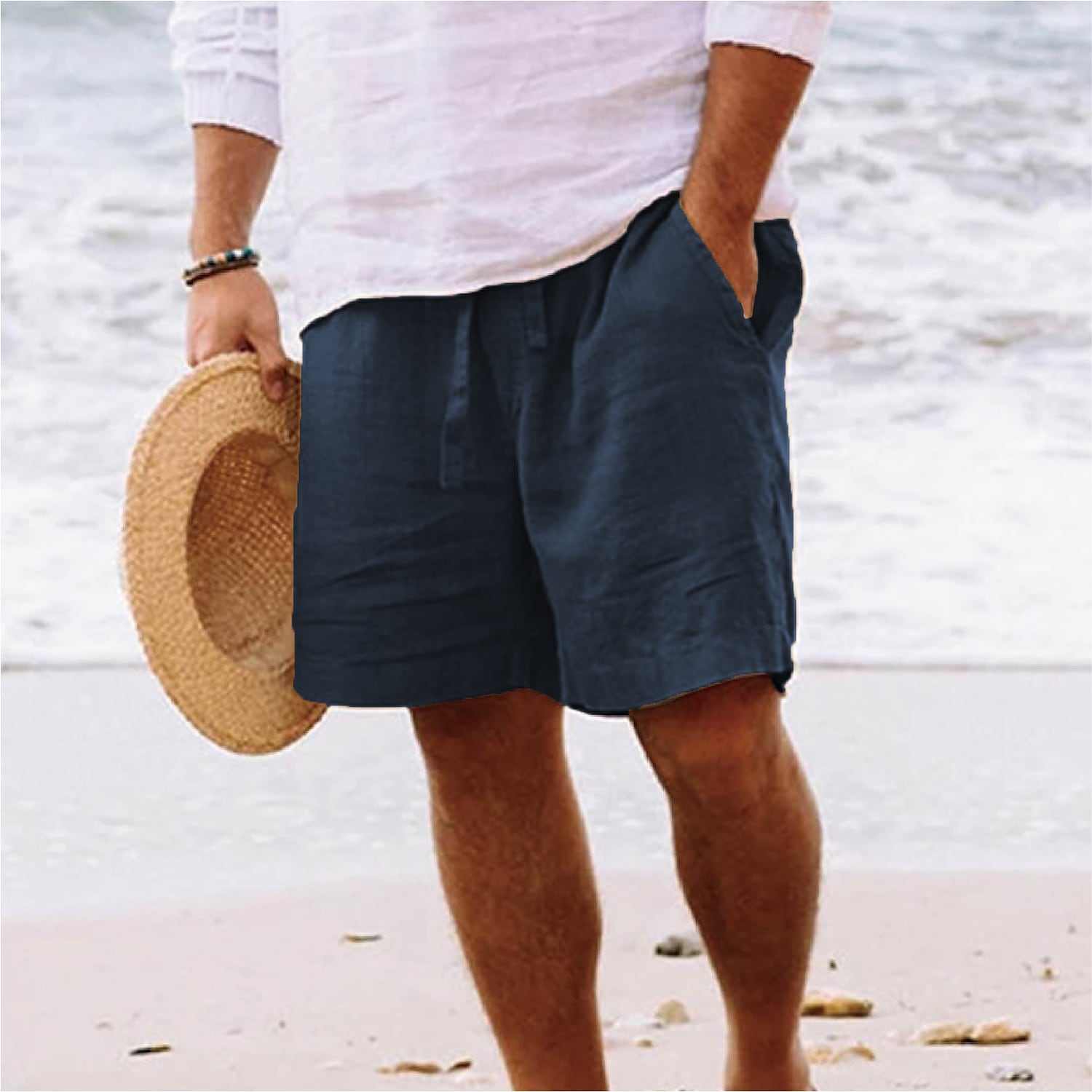 Men's Drawstring Elastic Waist Straight Leg Plain Micro-elastic Linen Shorts 