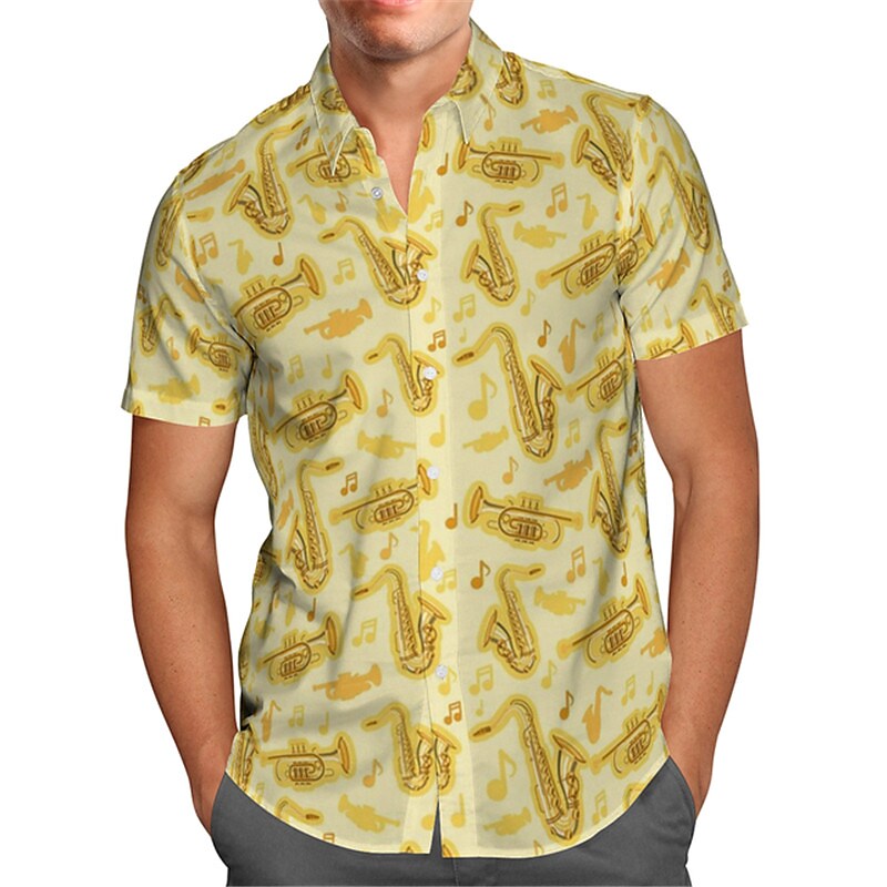 Men's Summer Music Guitar Jazz Button-Down Short Sleeves Hawaiian Shir