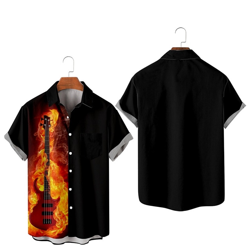 Men's Flame Guitar Turndown Button-DownShort Sleeves Hawaiian Shirt
