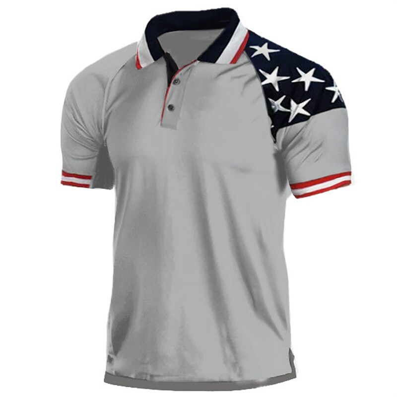 Men's National Flag Turndown Button-Down Short Sleeve Polo Shirt 