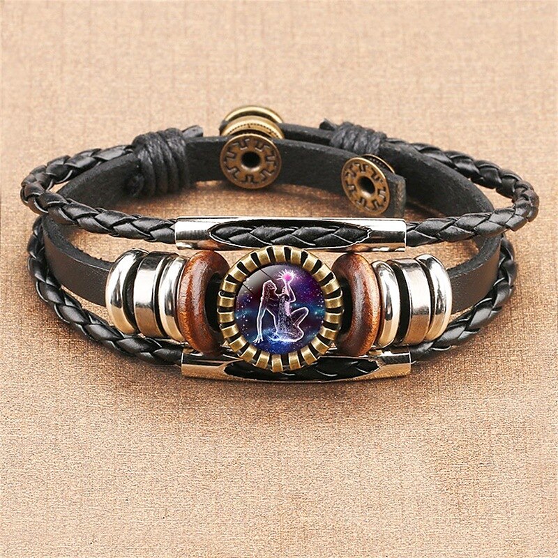 12 Zodiac Constellation Bracelet, Leather Hand-Woven Galaxy Astrology