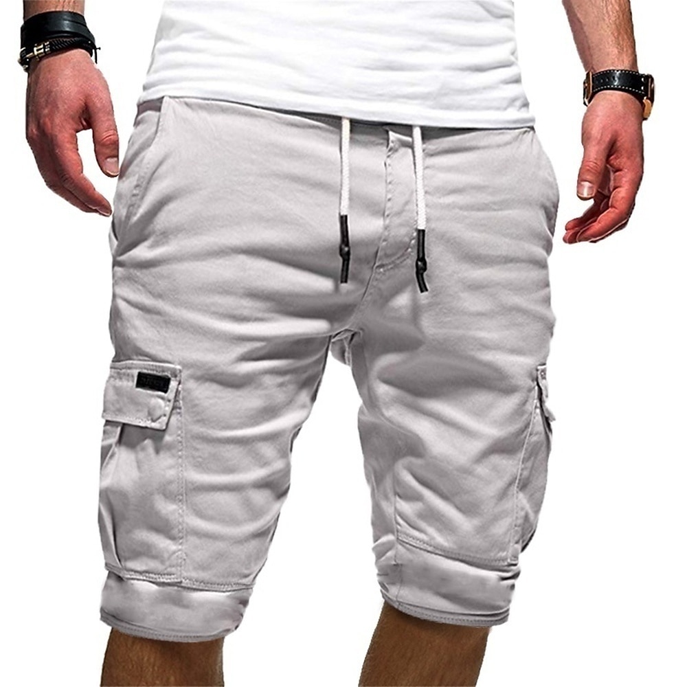 Men's Cargo Shorts Drawstring Multi Pocket Solid Color Outdoor Knee Length Daily Weekend Cotton Blend Streetwear Casual Black White Inelastic