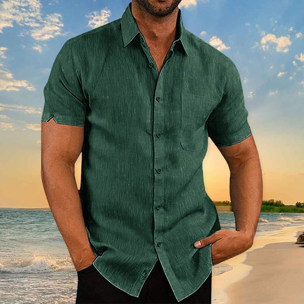 Men's Casual Beach Hawaiian Street Breathable Comfortable Light Plain Lapel Short Sleeve Shirt