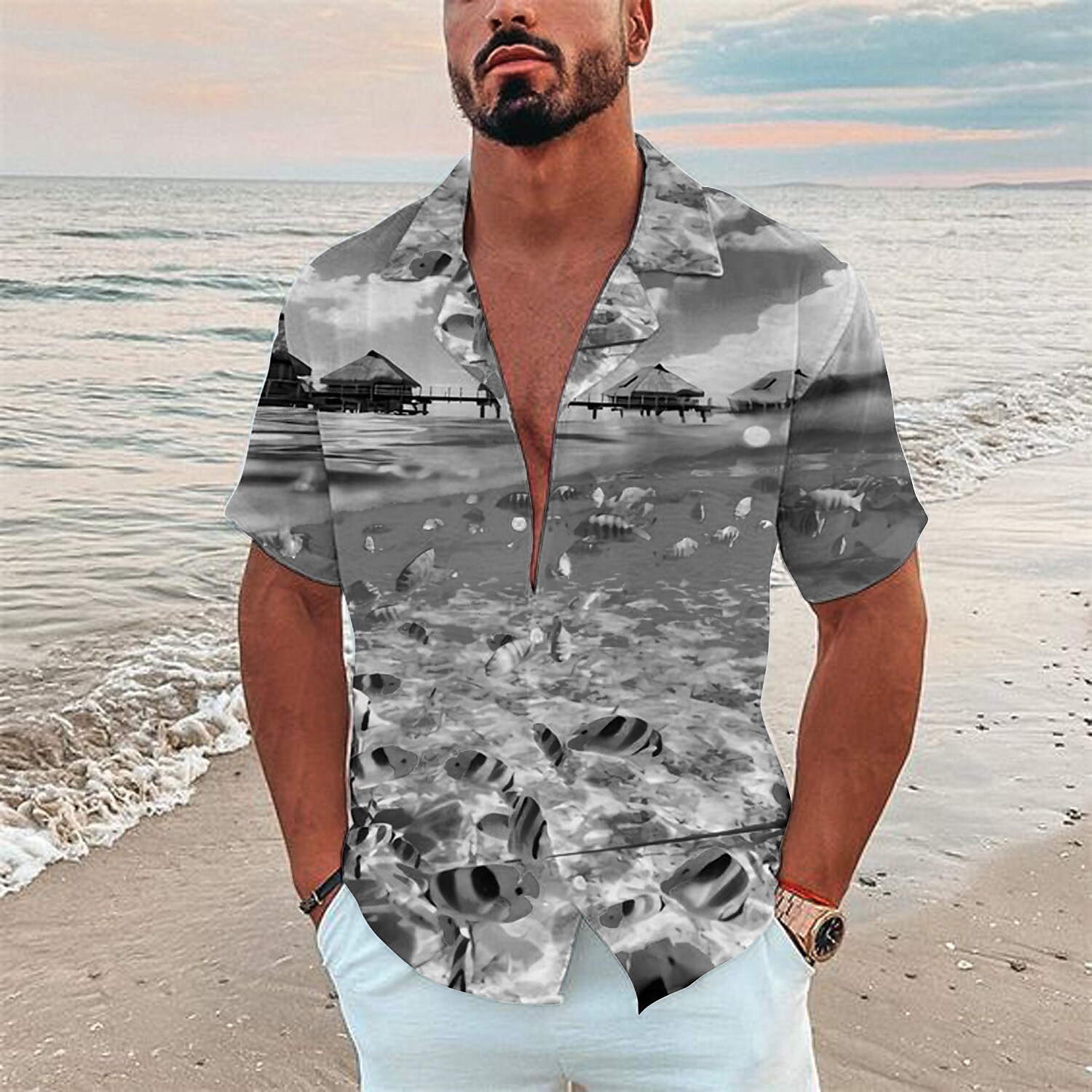 Men's Scenery Turndown 3D Print Outdoor Button-Down Short Sleeve Hawai