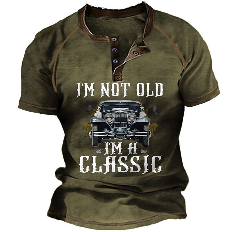 Men's Car Graphic  Letter Print Short Sleeve Henley Shirt