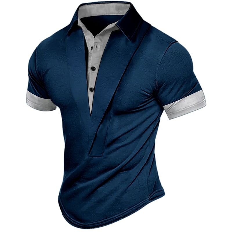 Men's Color Block Lapel  Basic Short Sleeves Henley Shirt