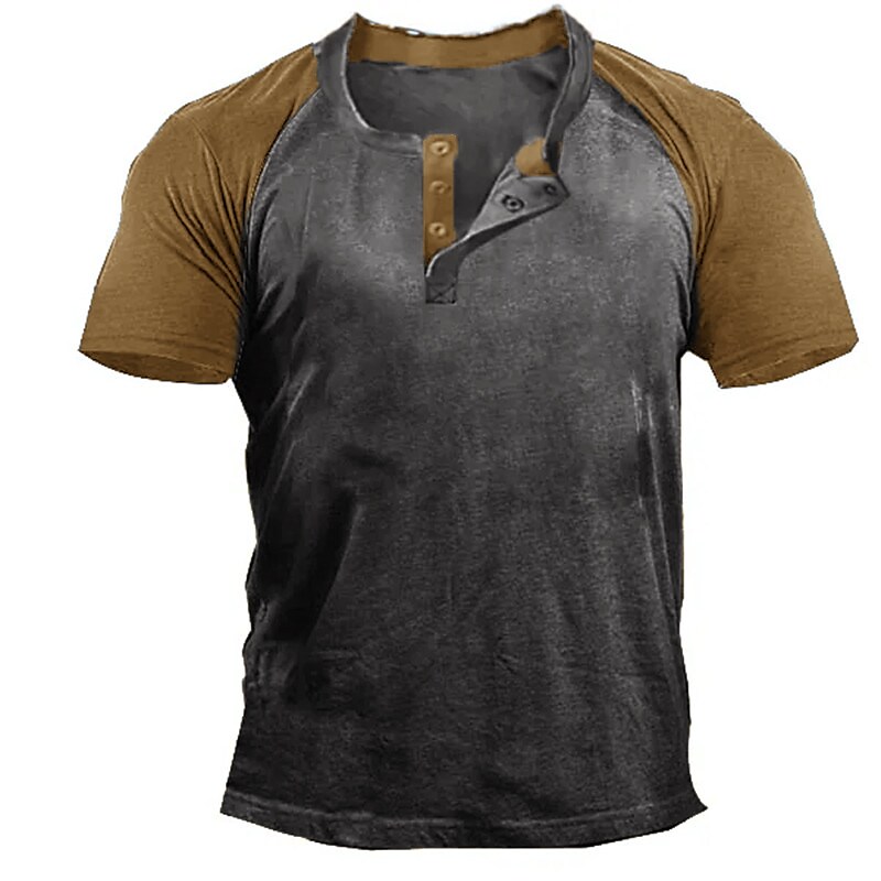 Men's Color Block Button-Down Short Sleeve Henley Shirt 