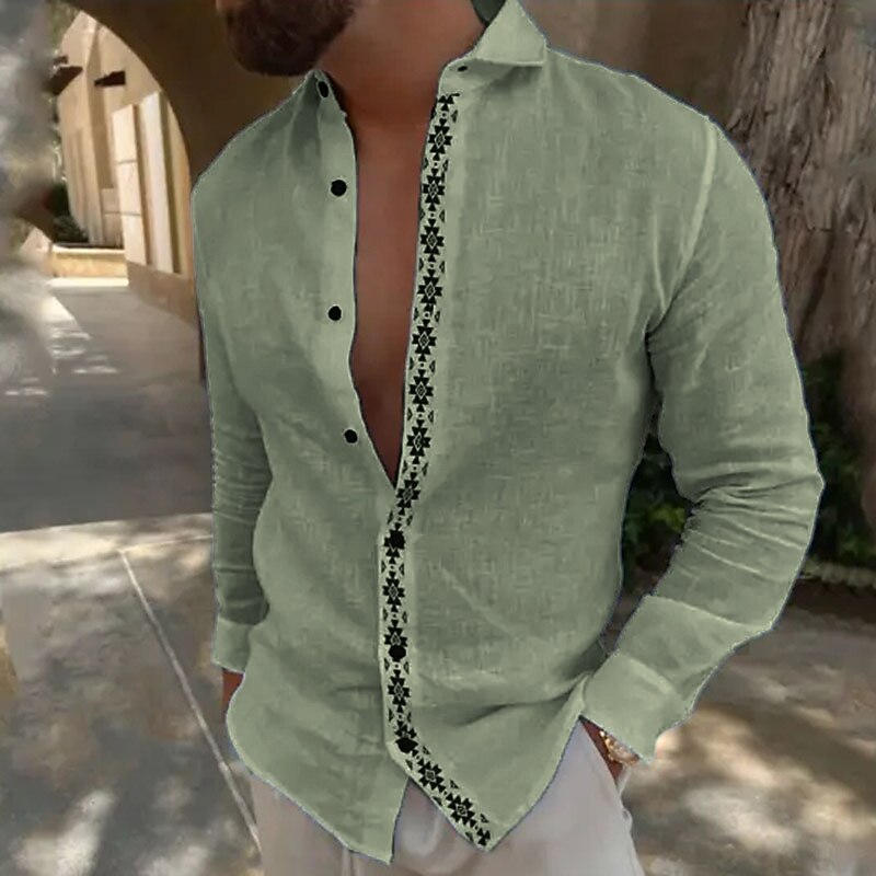 Men's Summer  Beach Plain Lapel Hawaiian Basic Long Sleeve Shirt