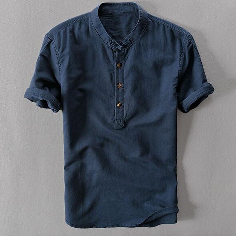 Men's Linen Shirt Casual Shirt Summer Shirt Henley Shirt White Dark Blue Light Sky Blue Short Sleeve Plain Collar Summer Casual Daily Clothing Apparel