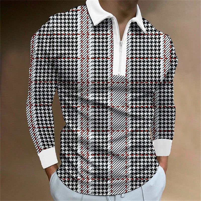 Men's Zip Houndstooth Striped Graphic Prints Turndown Polo Shirt