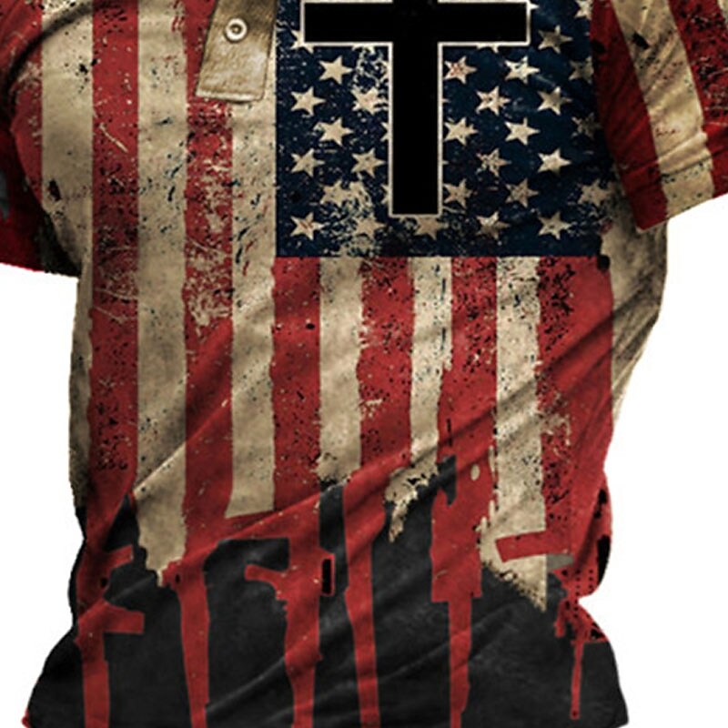 Men's National Flag Turndown Button-Down Short Sleeve Polo Shirt