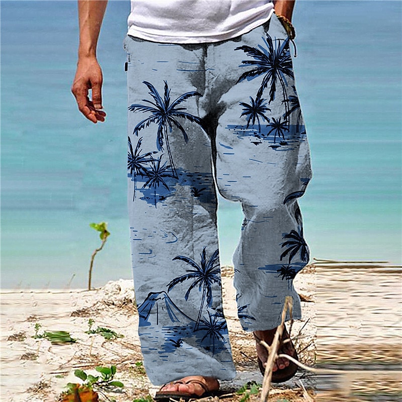 Men's Drawstring Elastic Waist  Coconut Tree Casual Hawaiian Trousers
