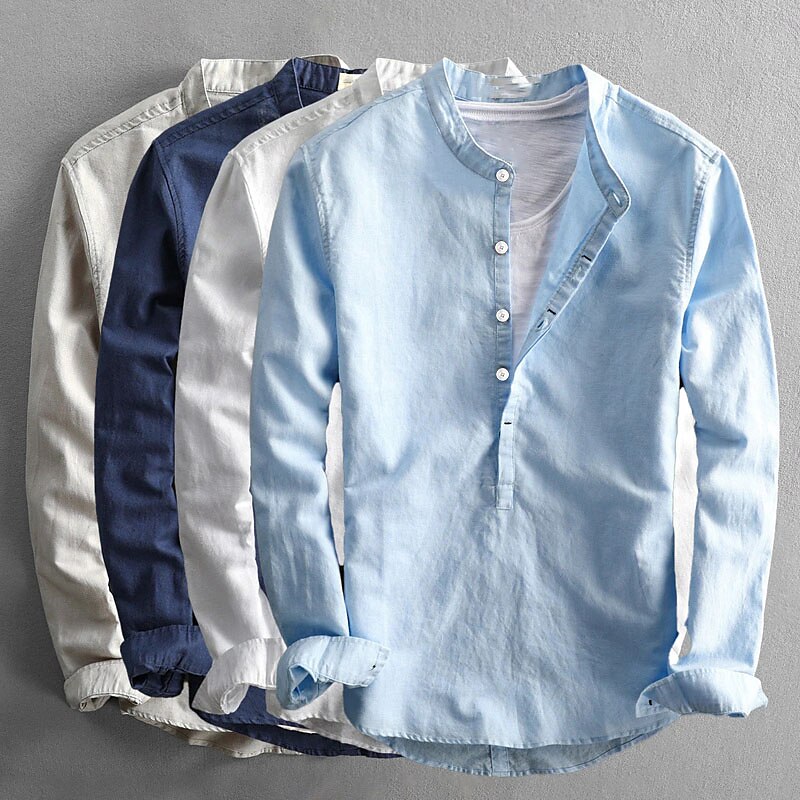 Men's Linen Shirt Henley Shirt Summer Shirt Casual Shirt White Dark Blue Light Sky Blue Long Sleeve Plain Collar Spring & Summer Casual Daily Clothing Apparel
