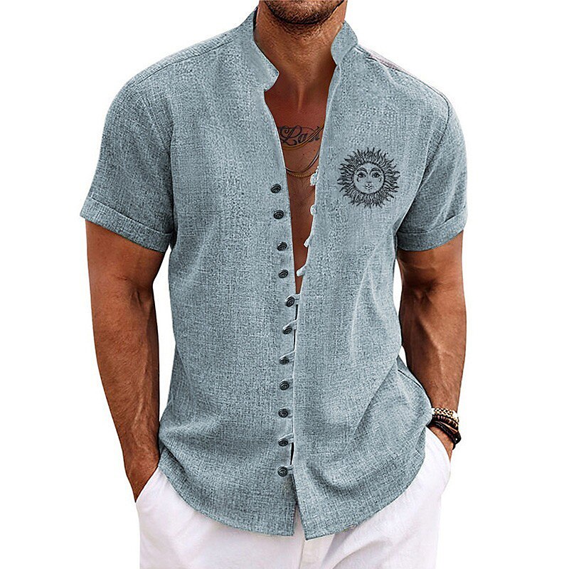 Men's Shirt Linen Shirt Sun Graphic Prints Vintage Stand Collar Blue Green Khaki Light Blue Gray Outdoor Street Short Sleeve Print Clothing Apparel Linen Fashion Streetwear Designer Casual