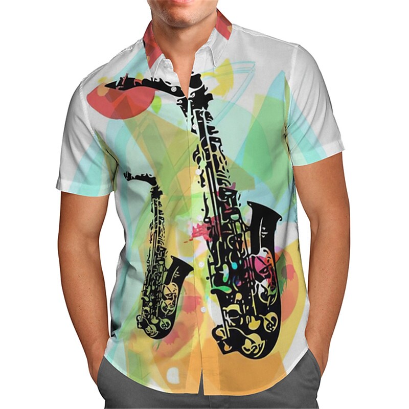 Men's Summer Music Guitar Jazz Button-Down Short Sleeves Hawaiian Shir
