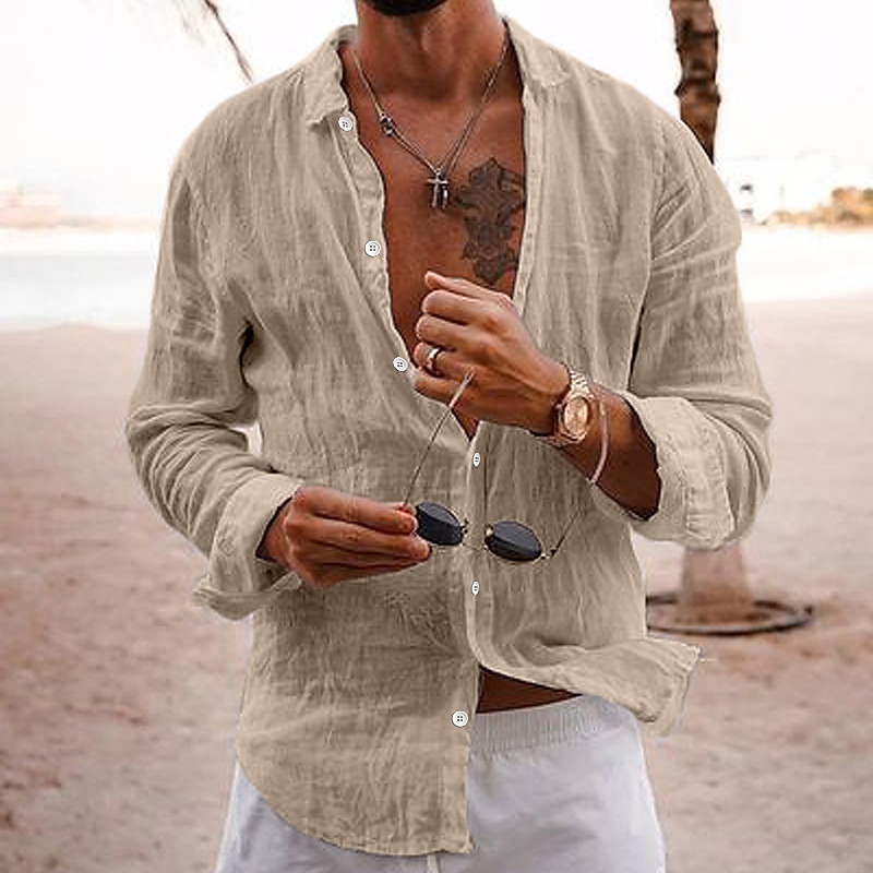 Men's Casual Summer Beach  Long Sleeve Plain Lapel Hawaiian Basic Linen Shirt 
