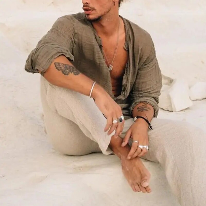 Men's Outdoor Beach Hawaiian Holiday Breathable Comfortable Light Plain Lapel Long Sleeve Shirt