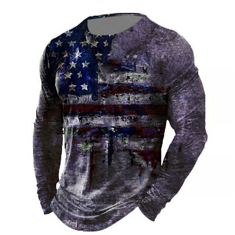 Men's T shirt Tee Graphic Prints American Flag National Flag Crew Neck 3D Print Outdoor Street Long Sleeve Print Clothing Apparel Basic Vintage
