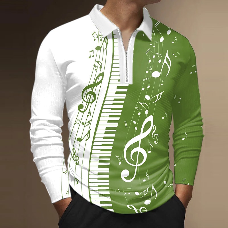 Men's Streetwear Graphic Prints Notes Turndown Long Sleeve Zipper Polo