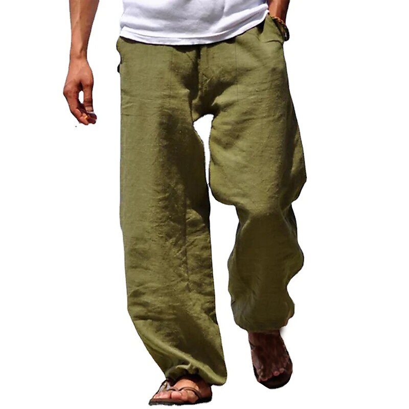 Men's Linen Pants Trousers Chinos Elastic Drawstring Design Fashion Streetwear Casual Daily Cotton And Linen Breathable Soft Outdoor Solid Color Black White Light Green S M L