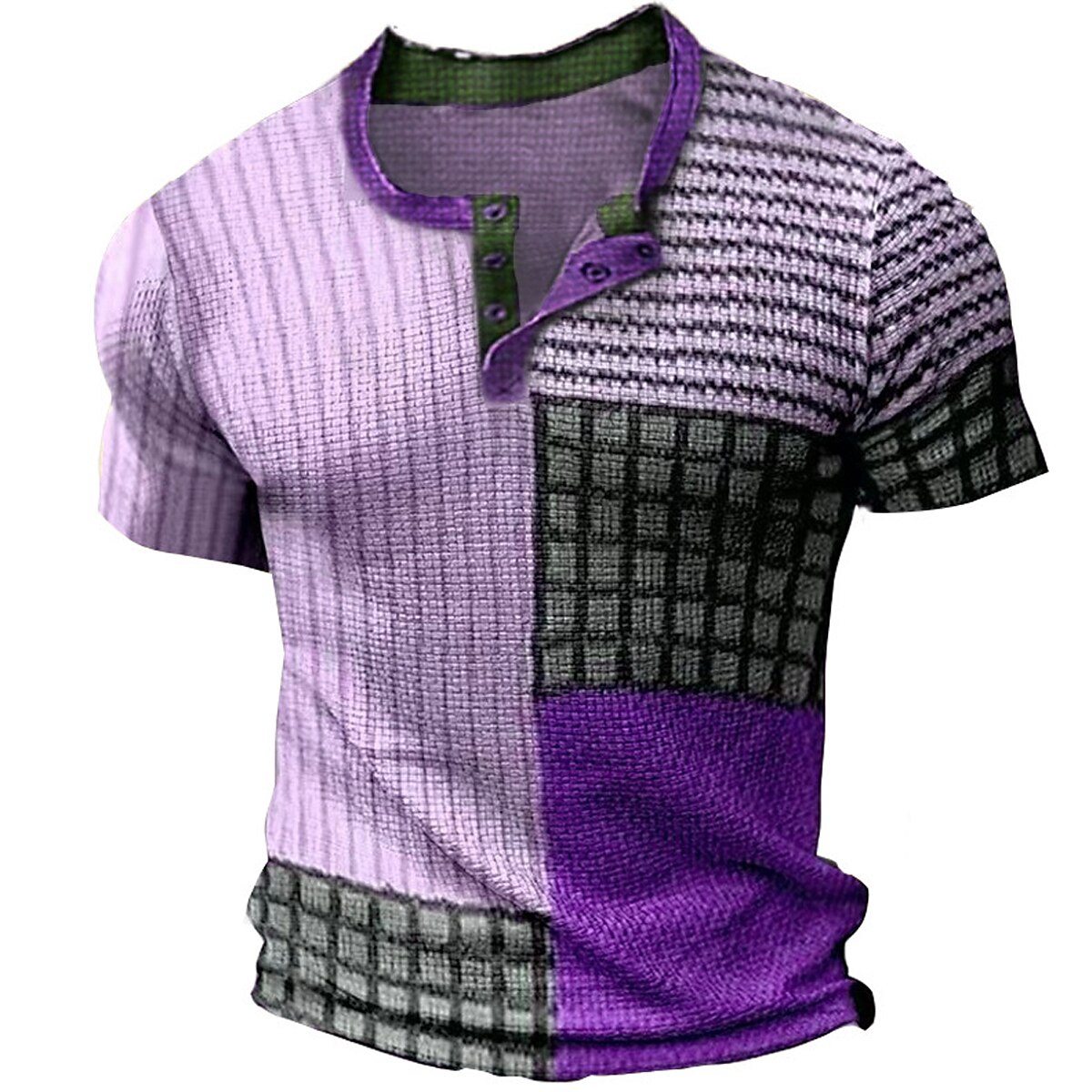 Men's Waffle Henley Shirt Outdoor Casual Fashion Breathable Soft Short Sleeve Print Top