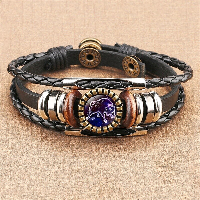 12 Zodiac Constellation Bracelet, Leather Hand-Woven Galaxy Astrology