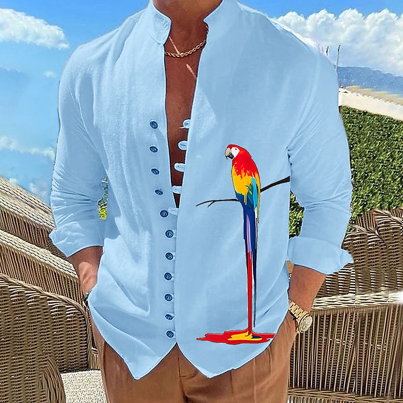 Men's Graphic Prints Parrot Stand Collar  Outdoor Long Sleeve  Casual Comfortable Shirt 