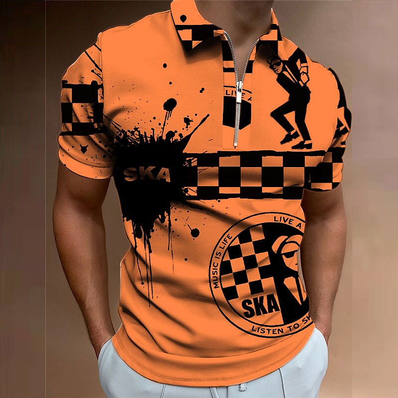 Men's Plaid Letter Graphic Prints Turndown Royal Zipper Short Sleeves 