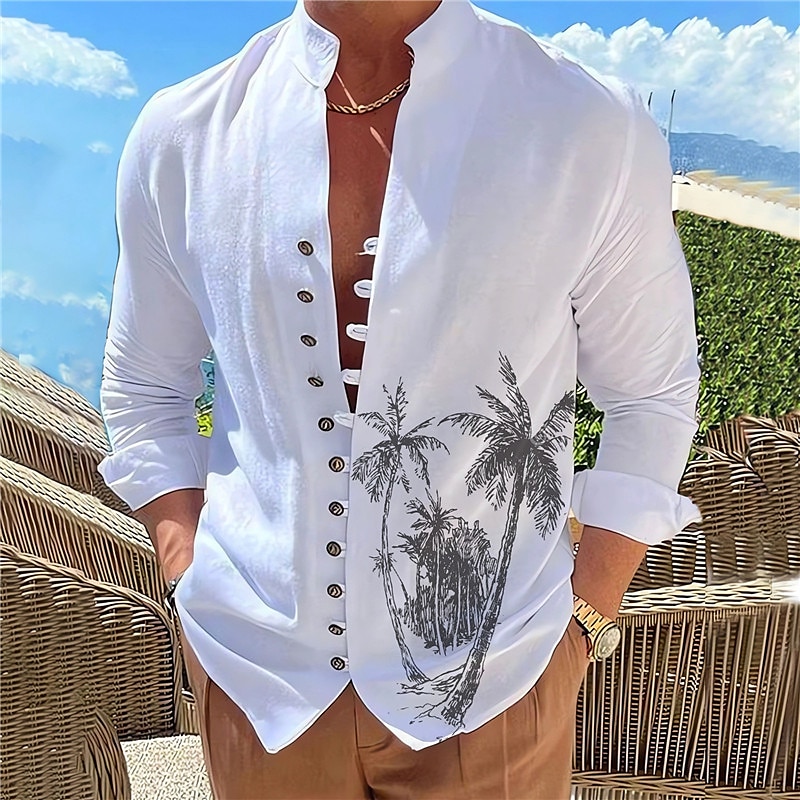 Men's Summer Hawaiian Coconut Tree Graphic Prints Stand Collar  Outdoor Long Sleeve Shirt