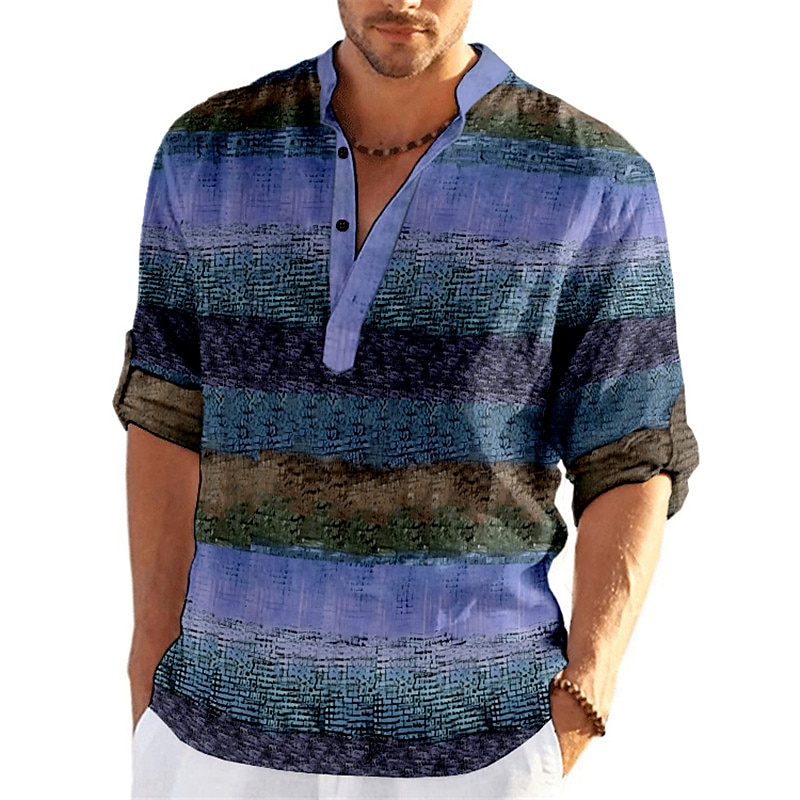 Men's Linen Outdoor Street Fashion Casual Breathable Light Long Sleeves Prints Shirt
