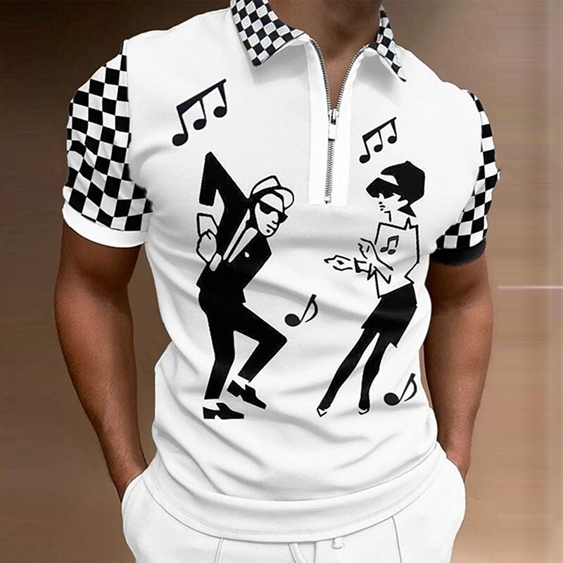 Men's Fashion Short Sleeve Graphic Notes Turndown 3D Print Zipper Shir