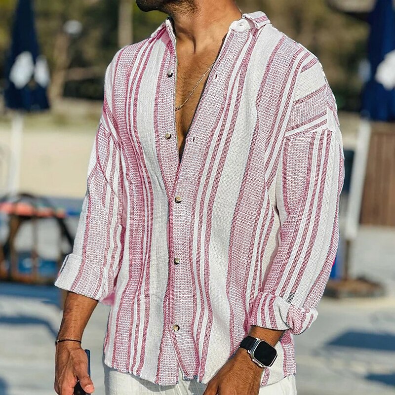Men's Casual Summer Beach Long Sleeve Striped Turndown Button Up Shirt