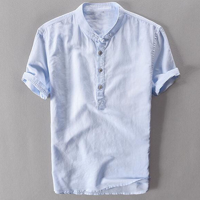 Men's Popover Shirt Casual Shirt Summer Shirt White Dark Blue Light Sky Blue Short Sleeve Plain Collar Summer Casual Daily Clothing Apparel