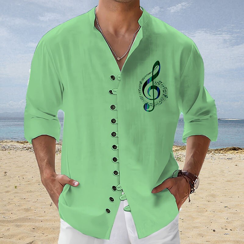 Men's Shirt Linen Shirt Graphic Prints Music Notes Stand Collar Blue-Green Pink Blue Green Gray Outdoor Street Long Sleeve Print Clothing Apparel Linen Fashion Streetwear Designer Casual