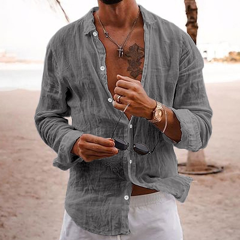 Men's Casual Summer Beach  Long Sleeve Plain Lapel Hawaiian Basic Linen Shirt 