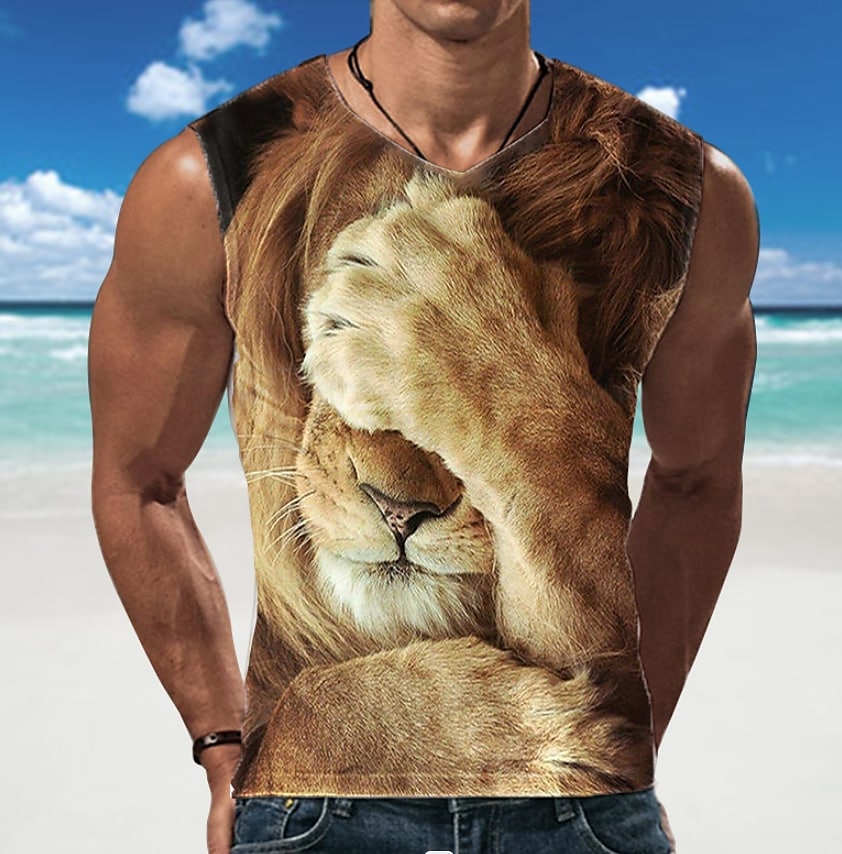 Men's Lion Crew Neck Casual Daily Sleeveless Undershirt 