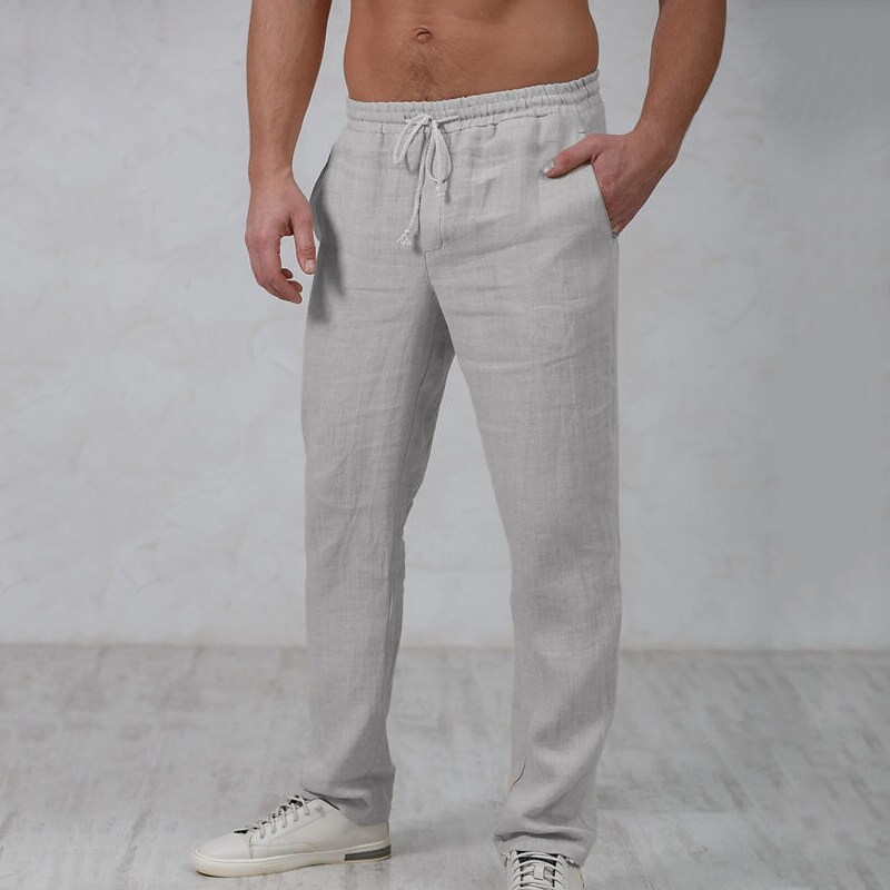 Men's Beach  Drawstring Elastic Waist Straight Leg Plain Comfort Linen Pants