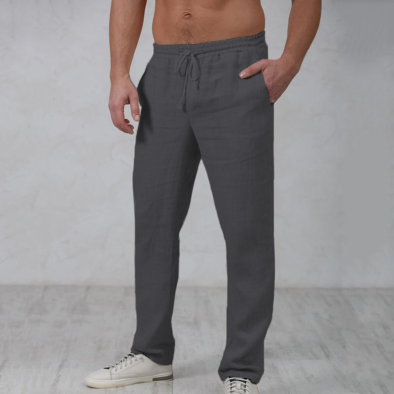 Men's Beach  Drawstring Elastic Waist Straight Leg Plain Comfort Linen Pants