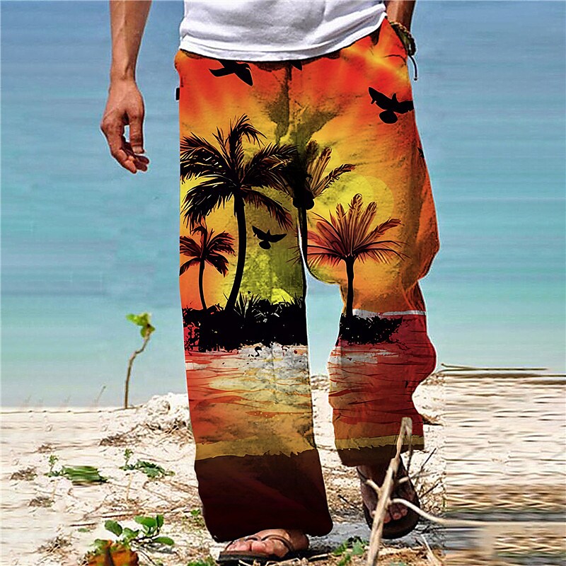 Men's  Drawstring Elastic Waist Straight Leg Coconut Tree Graphic Prints Landscape Hawaiian Beach Pants