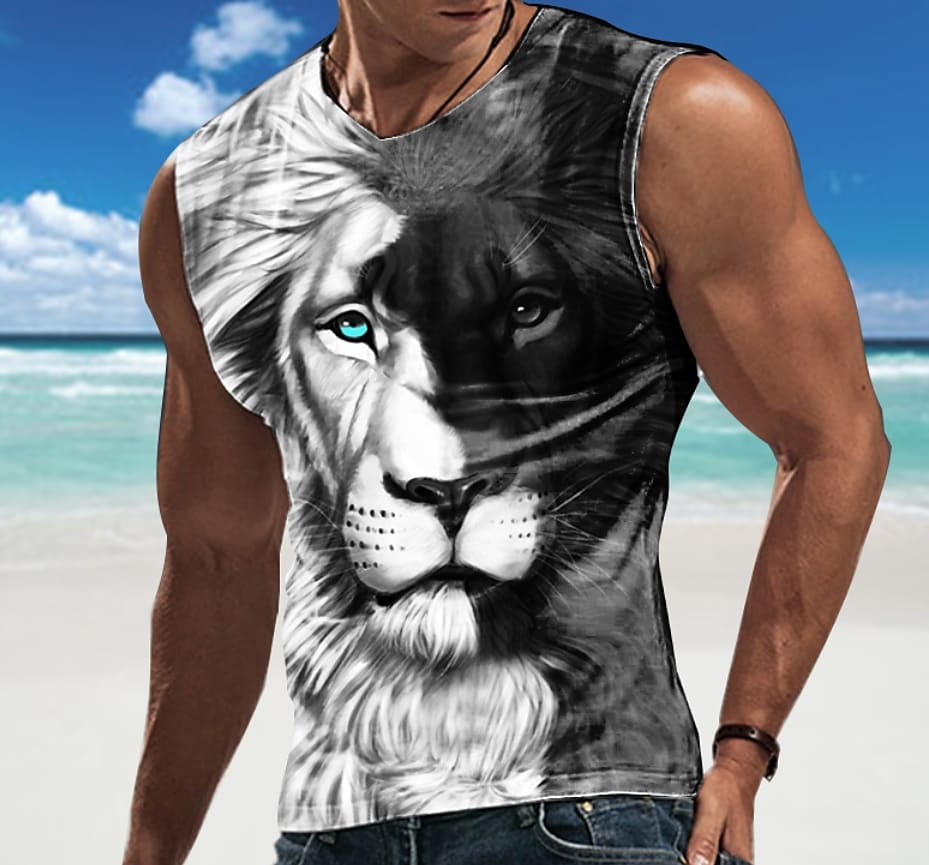Men's Lion Crew Neck Cool Casual  Sleeveless Undershirt 