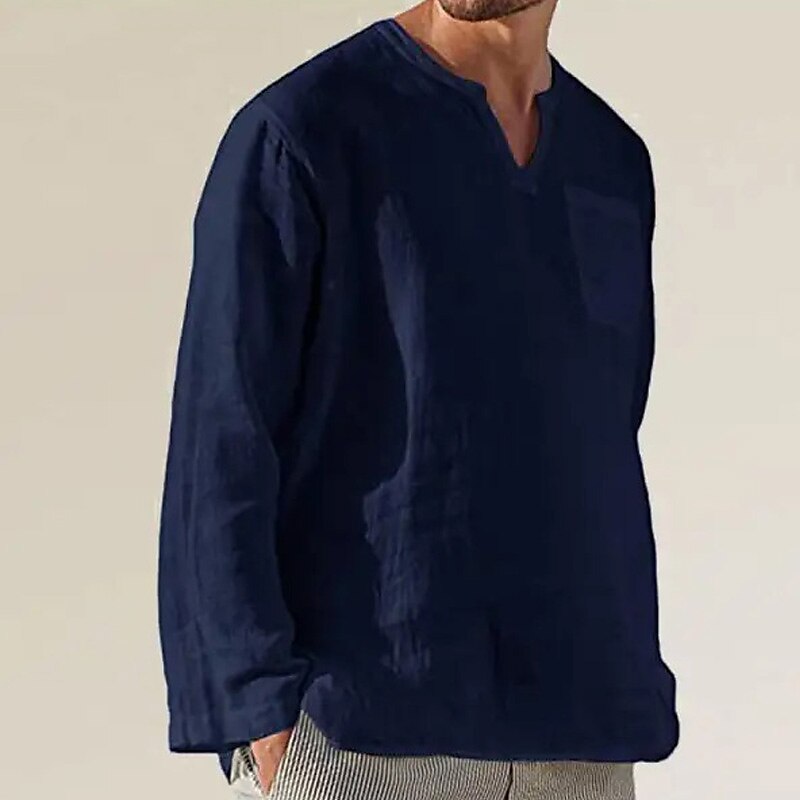 Men's Linen Shirt Summer Shirt Beach Shirt Black White Navy Blue Long Sleeve Plain V Neck Spring & Summer Casual Daily Clothing Apparel Front Pocket
