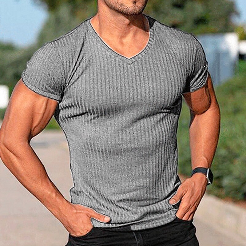 Men's Plain V Neck  Muscle Short Sleeves T-shirt 