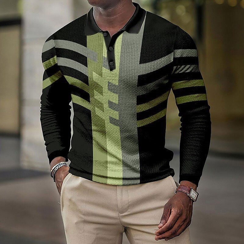Men's Waffle Outdoor Golf Street Fashion Comfortable Breathable Light Prints Long Sleeve Polo Shirt
